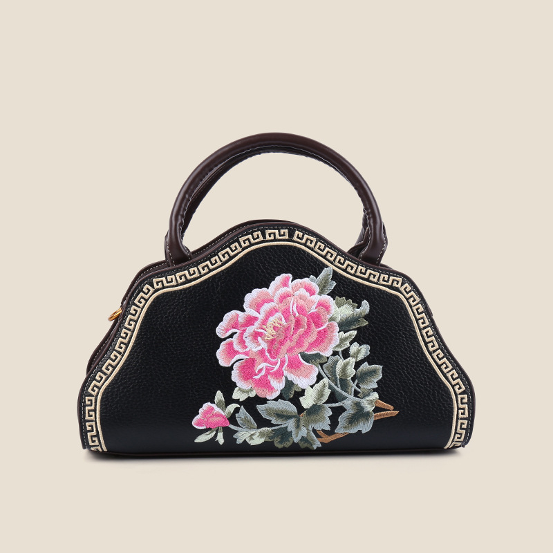 Elegantna večernja ručna torbica s ručnim vezom, dvostrano nošenje, PU koža, horizontalno pravokutni oblik, zatvarač, unutarnje pregrade za telefon i dokumente, poliester podstava