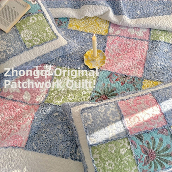 Patchwork prešiveni set posteljine – 100% pamuk, cvjetni uzorak, velik reljefni kockasti dezen, prekrivac za krevetu, 3-djelni set