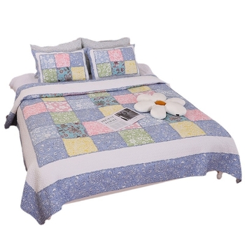 Patchwork prešiveni set posteljine – 100% pamuk, cvjetni uzorak, velik reljefni kockasti dezen, prekrivac za krevetu, 3-djelni set
