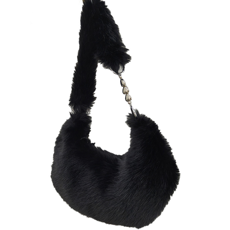 Ženska torbica dumpling od pliša, s umjetnim lisjim krznom, zatvarač, podstava od sintetičke kože, horizontalni kvadratni oblik