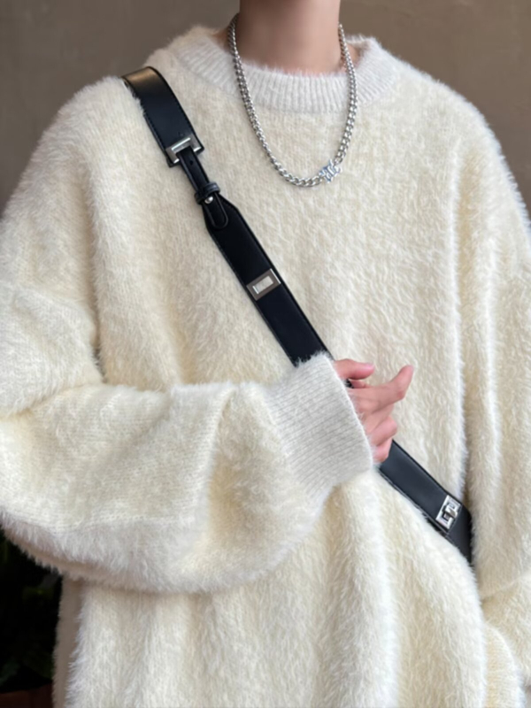 Muški pulover s okruglim izrezom, japanski stil retro, pleteni pulover s ribanim donjim rubom, mješavina poliestera, zima 2024