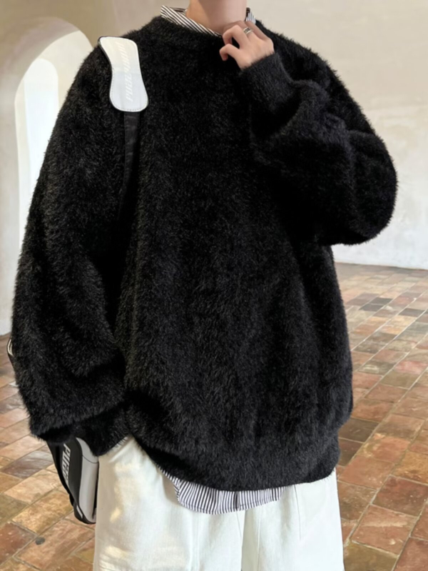 Muški pulover s okruglim izrezom, japanski stil retro, pleteni pulover s ribanim donjim rubom, mješavina poliestera, zima 2024