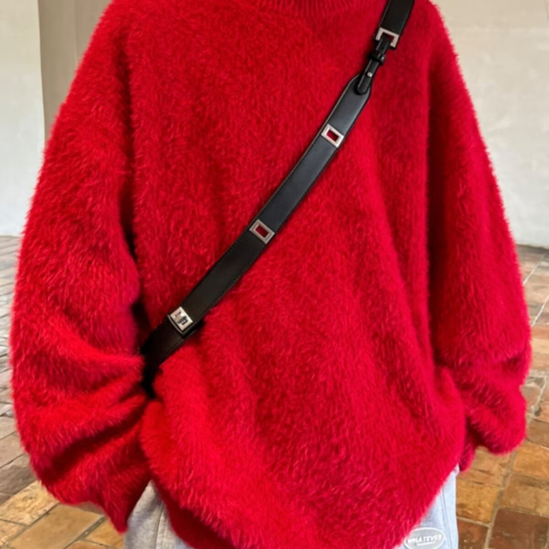 Muški pulover s okruglim izrezom, japanski stil retro, pleteni pulover s ribanim donjim rubom, mješavina poliestera, zima 2024