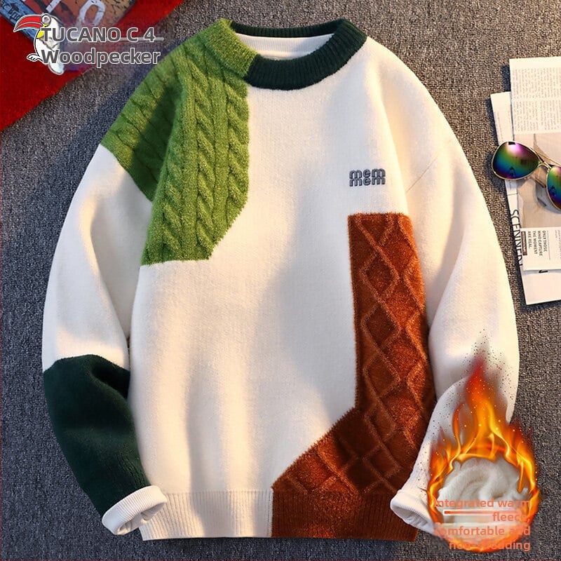 Pleteni pulover s okruglim izrezom, slobodan kroj, debeli materijal; poliester s dlakom zajca, detalj s našivkom