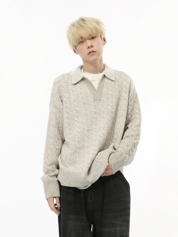 Džemper u korejskom stilu, slobodan kroj, V-izrez, lažni dvodijelni dizajn