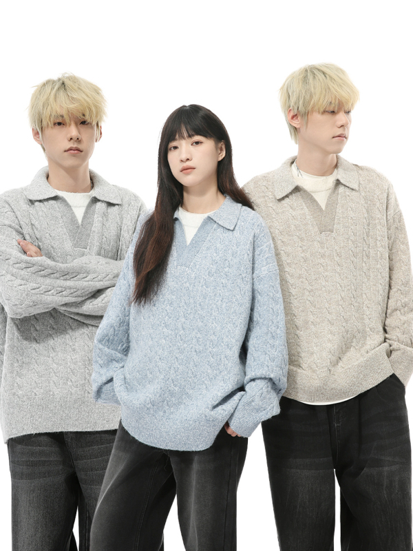 Džemper u korejskom stilu, slobodan kroj, V-izrez, lažni dvodijelni dizajn