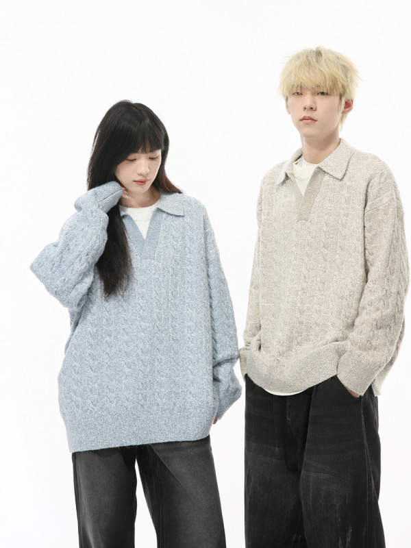 Džemper u korejskom stilu, slobodan kroj, V-izrez, lažni dvodijelni dizajn