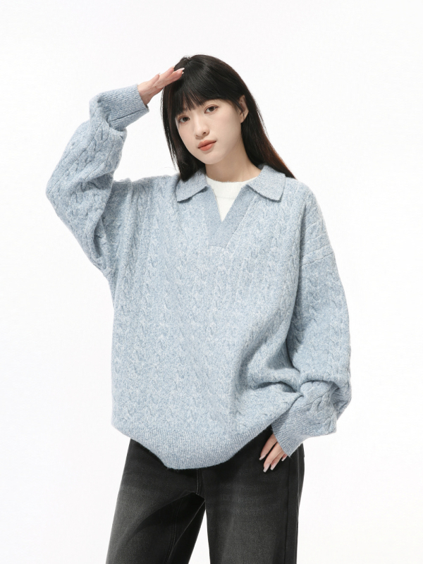 Džemper u korejskom stilu, slobodan kroj, V-izrez, lažni dvodijelni dizajn