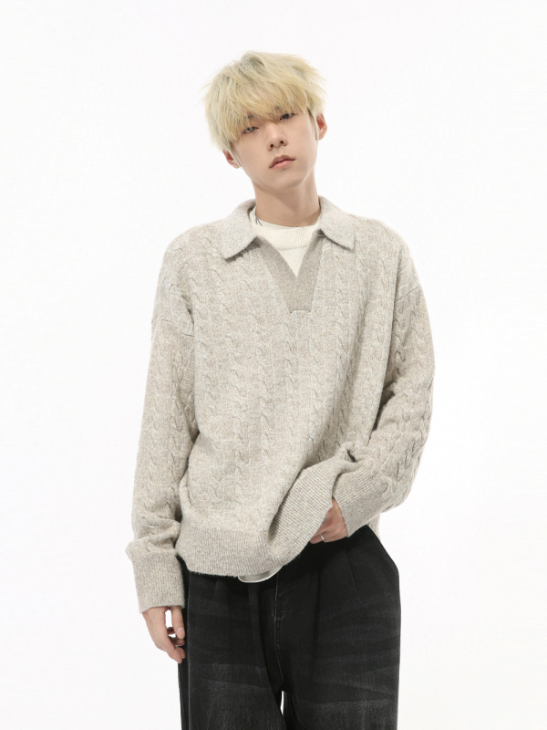 Džemper u korejskom stilu, slobodan kroj, V-izrez, lažni dvodijelni dizajn