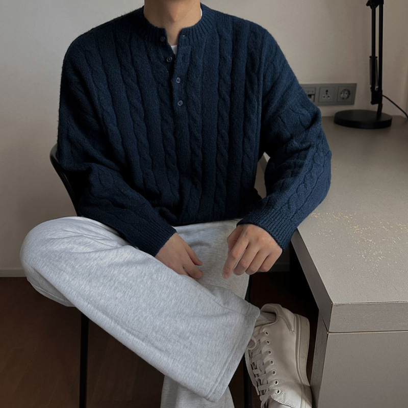 Férfi kötött pulóver Henry gallérral, koreai stílusú laza fazon, modal anyag, nyúl szőrzettel kevert