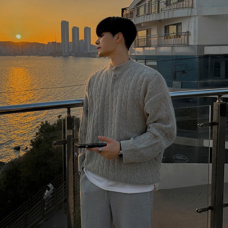 Férfi kötött pulóver Henry gallérral, koreai stílusú laza fazon, modal anyag, nyúl szőrzettel kevert