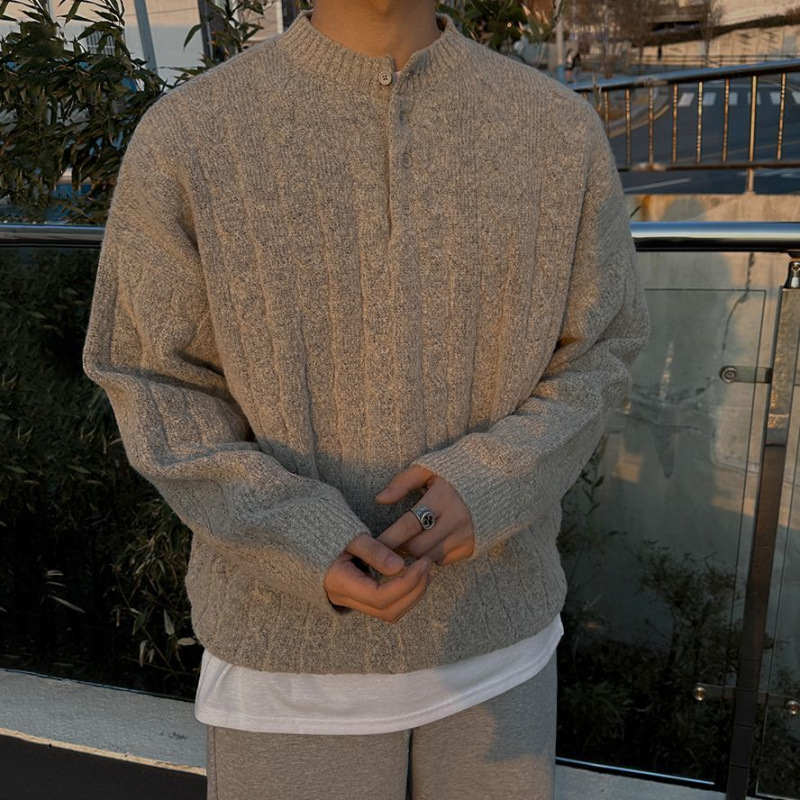 Férfi kötött pulóver Henry gallérral, koreai stílusú laza fazon, modal anyag, nyúl szőrzettel kevert
