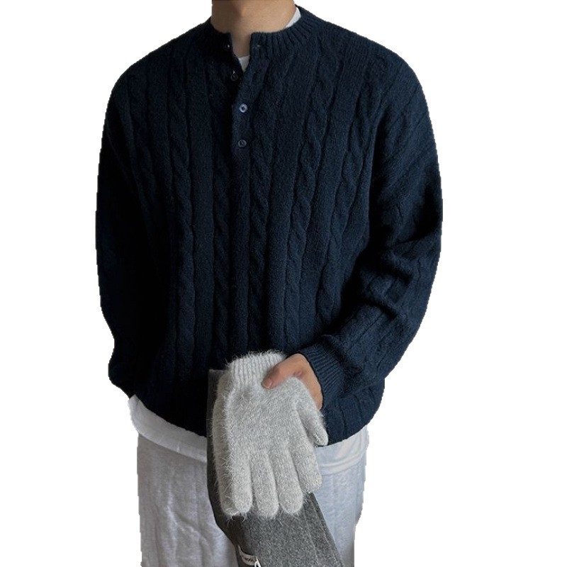 Férfi kötött pulóver Henry gallérral, koreai stílusú laza fazon, modal anyag, nyúl szőrzettel kevert