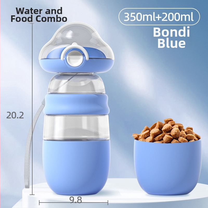 Hordozható kutya vízivó palack integrált víz- és etetőtartállyal — hőálló átlátszó PC részek, PP test, csúszásmentes TPR gyűrű, Sour Bear