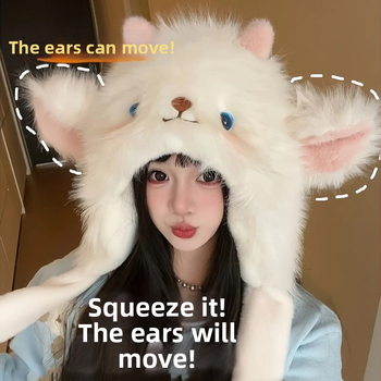 Dvojdielny set čiapky a šály z plyšu s pohyblivými ušami, podšitý fleesom, teplý na zimu, pre ženy