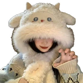 Σετ καπέλο και φουλάρι από plush με κινούμενα αυτιά, επενδεδυμένο με φλίς, ζεστό για τον χειμώνα, για γυναίκες