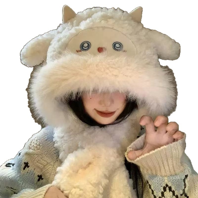 Σετ καπέλο και φουλάρι από plush με κινούμενα αυτιά, επενδεδυμένο με φλίς, ζεστό για τον χειμώνα, για γυναίκες
