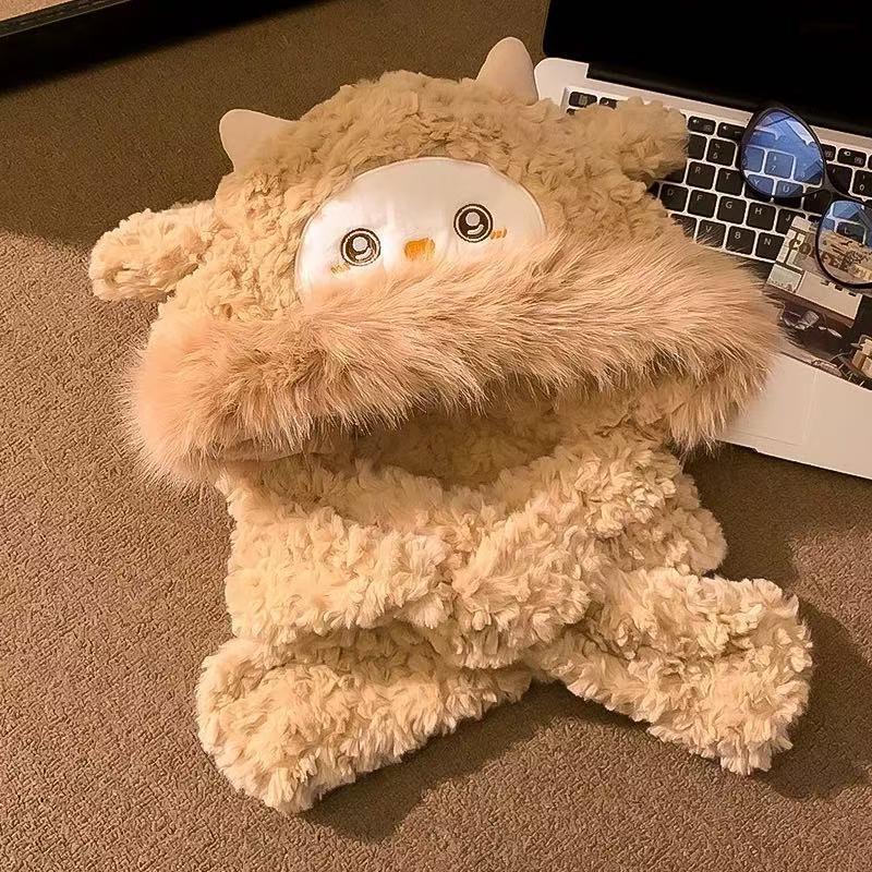 Σετ καπέλο και φουλάρι από plush με κινούμενα αυτιά, επενδεδυμένο με φλίς, ζεστό για τον χειμώνα, για γυναίκες