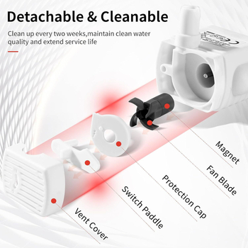 Помпа за поилка на домашни любимци, подводна, регулируем поток, 5V 1A DC, USB захранване, LED осветление, защита от сух ход