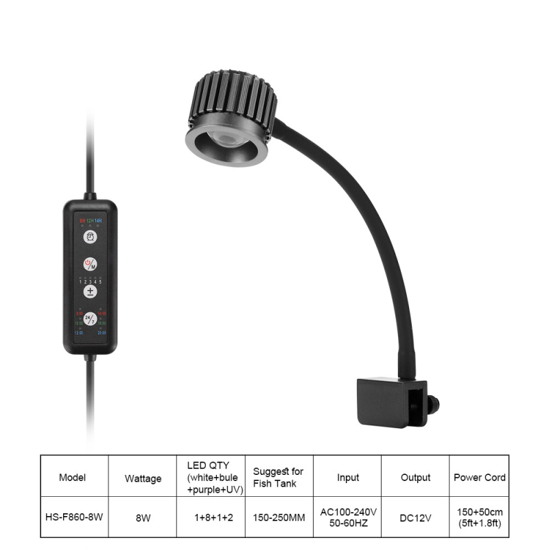 LED svjetlo za korale za morski akvarij od aluminijske legure, 10W, prilagodljivi tajmer, scensko osvjetljenje, klipsa za pričvršćivanje