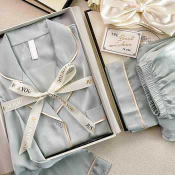 Ženski set pidžama – Ice Silk Jacquard, V-izrez, dugi rukavi, hlače