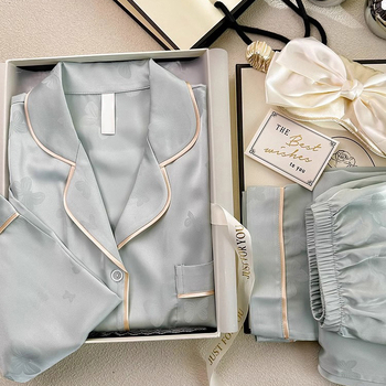 Ženski set pidžama – Ice Silk Jacquard, V-izrez, dugi rukavi, hlače