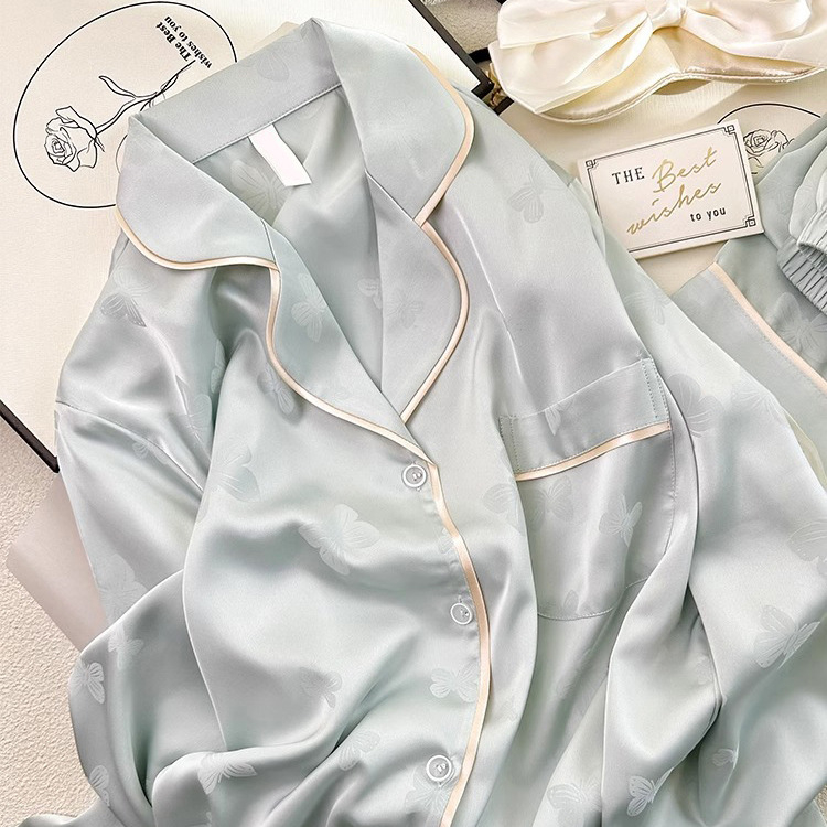 Ženski set pidžama – Ice Silk Jacquard, V-izrez, dugi rukavi, hlače