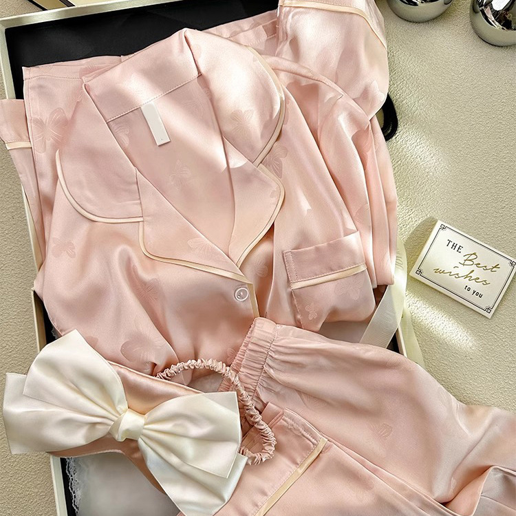 Ženski set pidžama – Ice Silk Jacquard, V-izrez, dugi rukavi, hlače