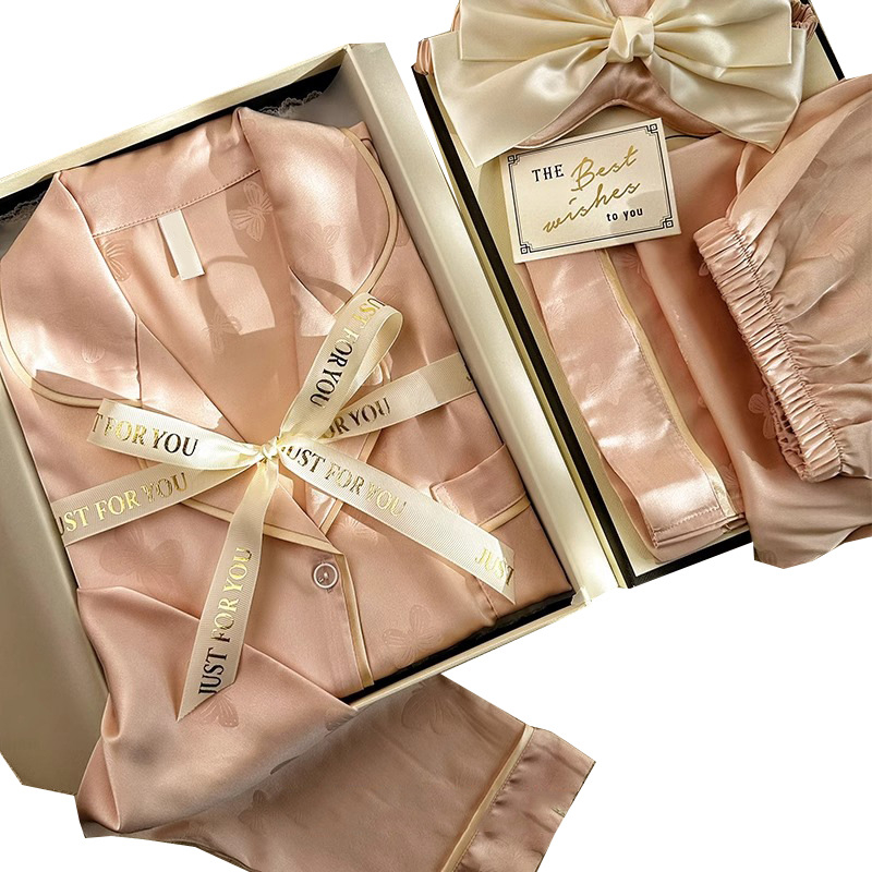 Ženski set pidžama – Ice Silk Jacquard, V-izrez, dugi rukavi, hlače