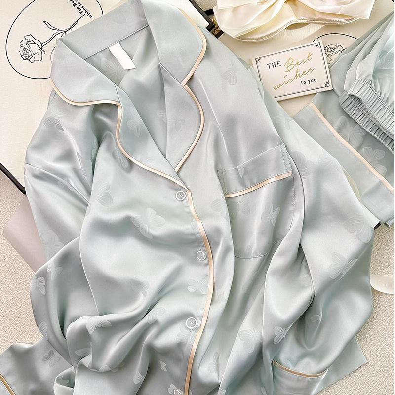 Ženski set pidžama – Ice Silk Jacquard, V-izrez, dugi rukavi, hlače