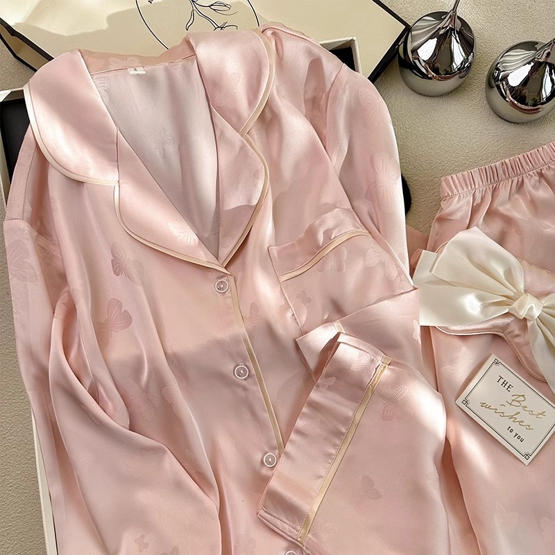 Ženski set pidžama – Ice Silk Jacquard, V-izrez, dugi rukavi, hlače