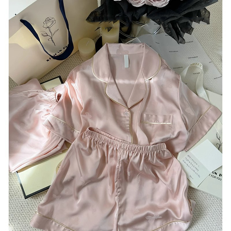 Ženski set pidžama – Ice Silk Jacquard, V-izrez, dugi rukavi, hlače
