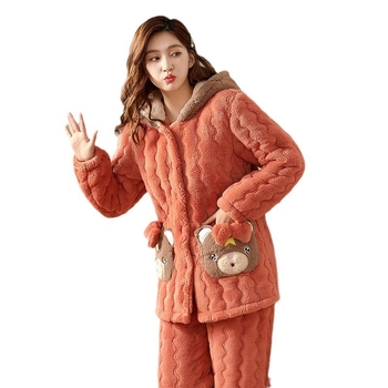 Ženski set pidžame od flanelnog kviliranog materijala, debeli trostruki fleece podstava, sladak stil, dugi rukavi i hlače