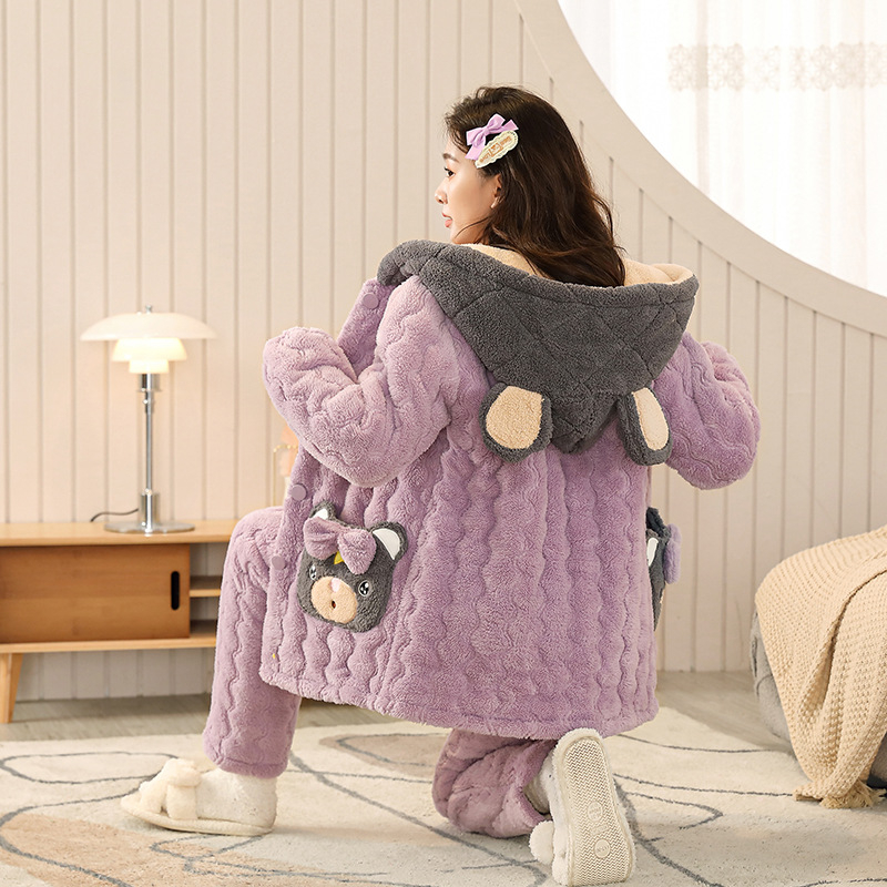 Ženski set pidžame od flanelnog kviliranog materijala, debeli trostruki fleece podstava, sladak stil, dugi rukavi i hlače