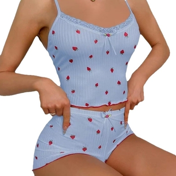 Ženski set pidžama – s uzorkom jagode, bez rukava, top s mašnicom i naramenice te kratke hlače, Milk Silk tkanina; 90–95% poliester
