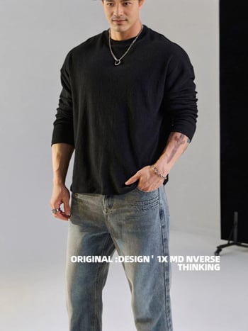 Мъжка тренировъчна тениска с дълъг ръкав, свободна кройка, кръгла яка, памучна смес, текстура на кора