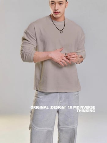 Мъжка тренировъчна тениска с дълъг ръкав, свободна кройка, кръгла яка, памучна смес, текстура на кора