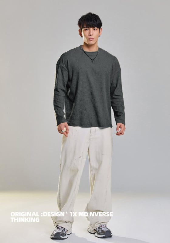 Мъжка тренировъчна тениска с дълъг ръкав, свободна кройка, кръгла яка, памучна смес, текстура на кора