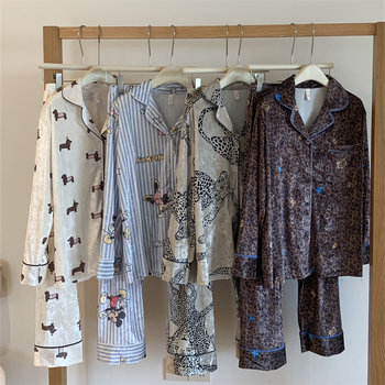 Zimski ženski velvet set pidžama – luksuzan, topao kućni set s dijamantnom vezom, preklopni ovratnik, dugi rukavi i dugi hlače