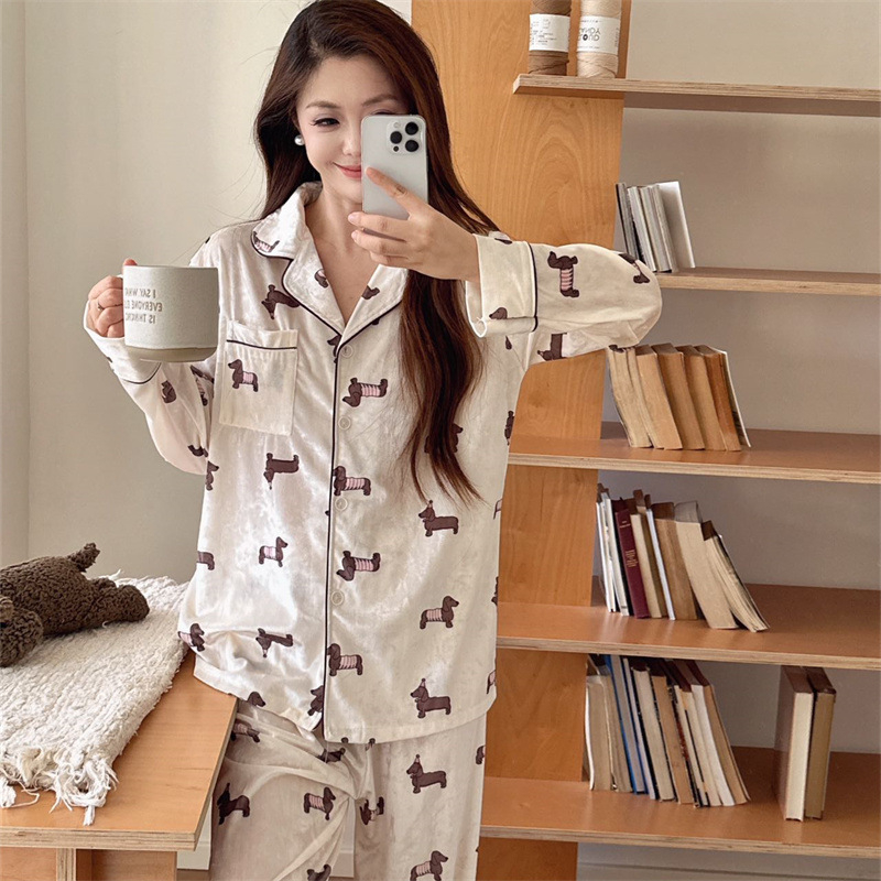 Zimski ženski velvet set pidžama – luksuzan, topao kućni set s dijamantnom vezom, preklopni ovratnik, dugi rukavi i dugi hlače