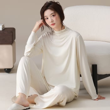Ženski set pidžama s polugornim visokim ovratnikom, tkanina rayon-modal, nježna prema koži, duge rukave i hlače, tanko tkivo, 181–200 g/m²
