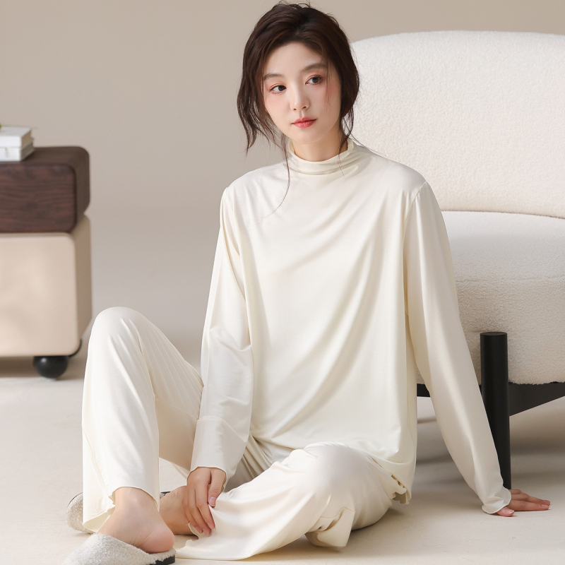 Ženski set pidžama s polugornim visokim ovratnikom, tkanina rayon-modal, nježna prema koži, duge rukave i hlače, tanko tkivo, 181–200 g/m²
