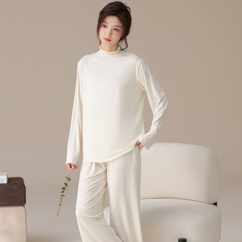 Ženski set pidžama s polugornim visokim ovratnikom, tkanina rayon-modal, nježna prema koži, duge rukave i hlače, tanko tkivo, 181–200 g/m²