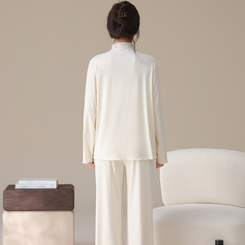 Ženski set pidžama s polugornim visokim ovratnikom, tkanina rayon-modal, nježna prema koži, duge rukave i hlače, tanko tkivo, 181–200 g/m²