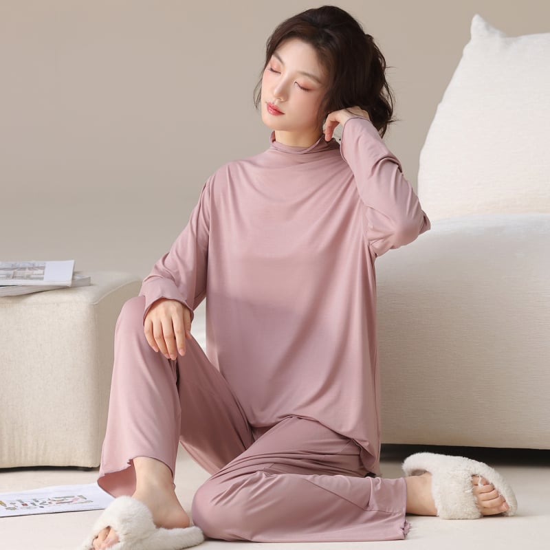Ženski set pidžama s polugornim visokim ovratnikom, tkanina rayon-modal, nježna prema koži, duge rukave i hlače, tanko tkivo, 181–200 g/m²