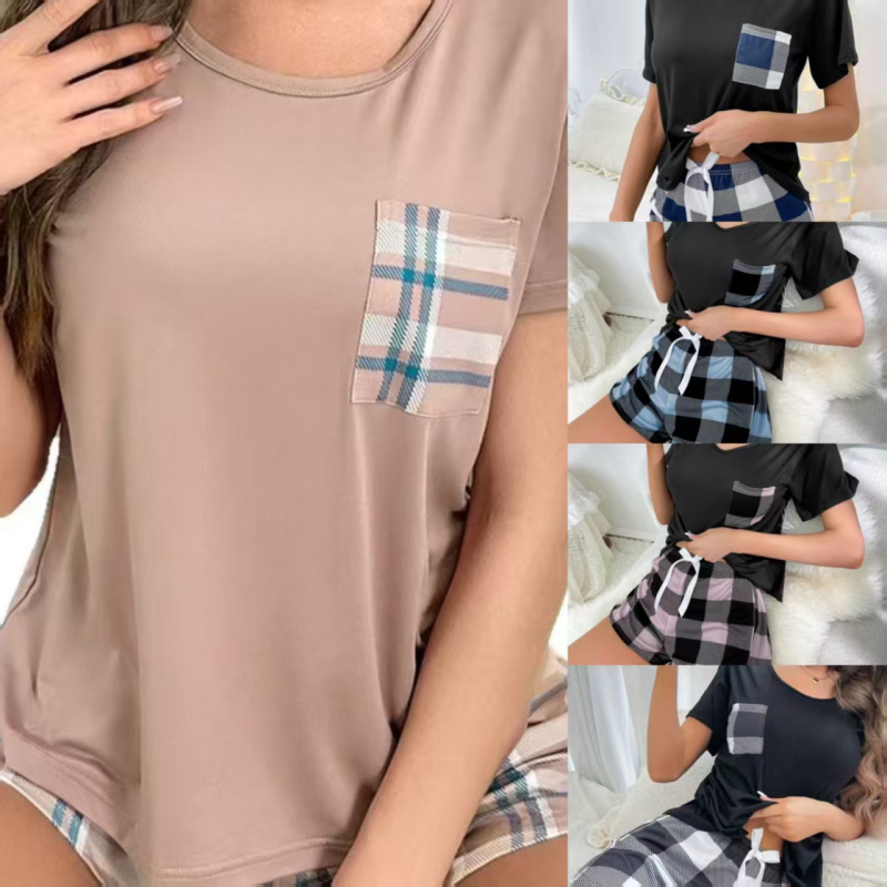 Set za opuštanje - europsko/američki stil, francuski dizajn, tanak poliester, okrugli izrez, 3/4 rukavi, kratke hlače