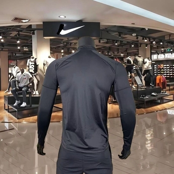 Бягащ топ със стояща яка, с полуцип, дълги ръкави, бързосъхнещ, втален силует