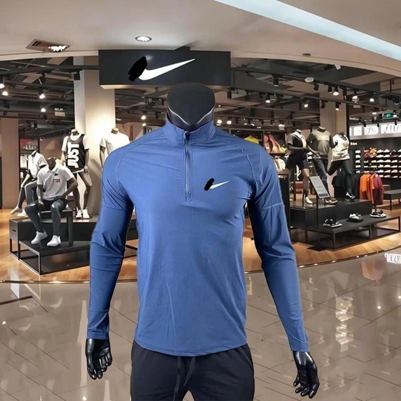 Бягащ топ със стояща яка, с полуцип, дълги ръкави, бързосъхнещ, втален силует