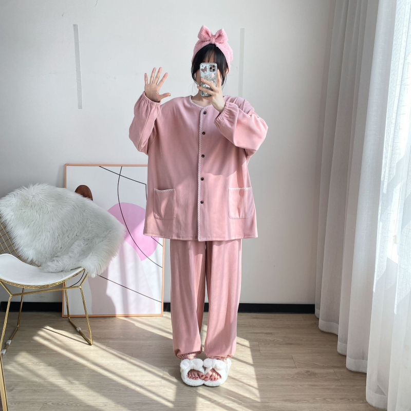 Ženski set pidžama s kardiganom od Coral fleece, Derong tkanina, poliester, V-izrez, dugi rukav, debeo 181–200 g/m²