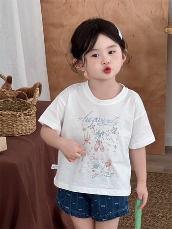 Dječje pamučno T-shirt, okrugli izrez, kratki rukavi, baletni print, korejska verzija